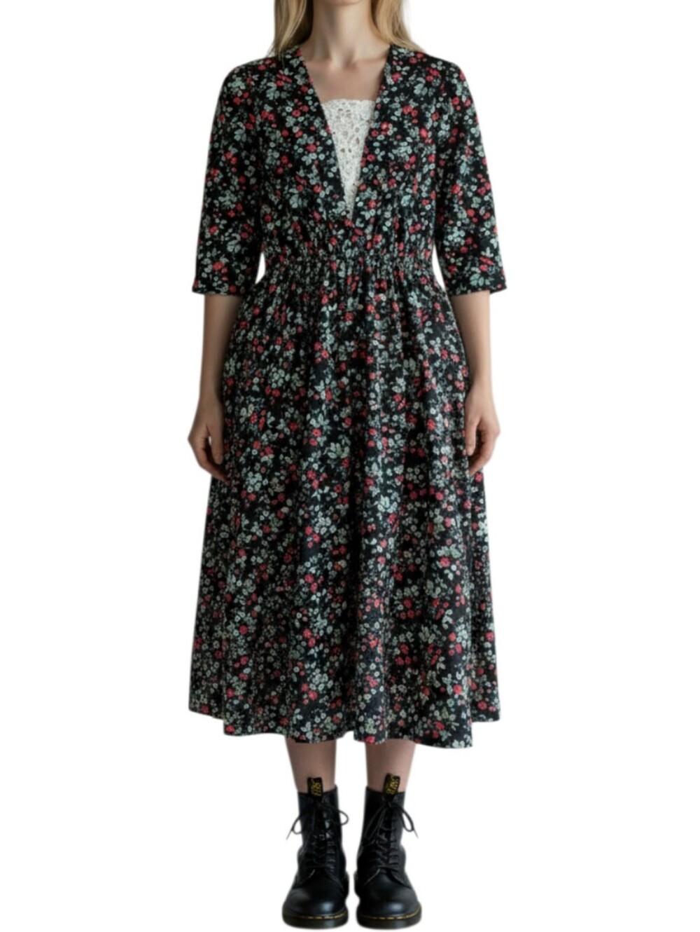 Vintage 90s Floral Midi Dress Size L White Lace Trim V-Neck Whimsigoth Grunge